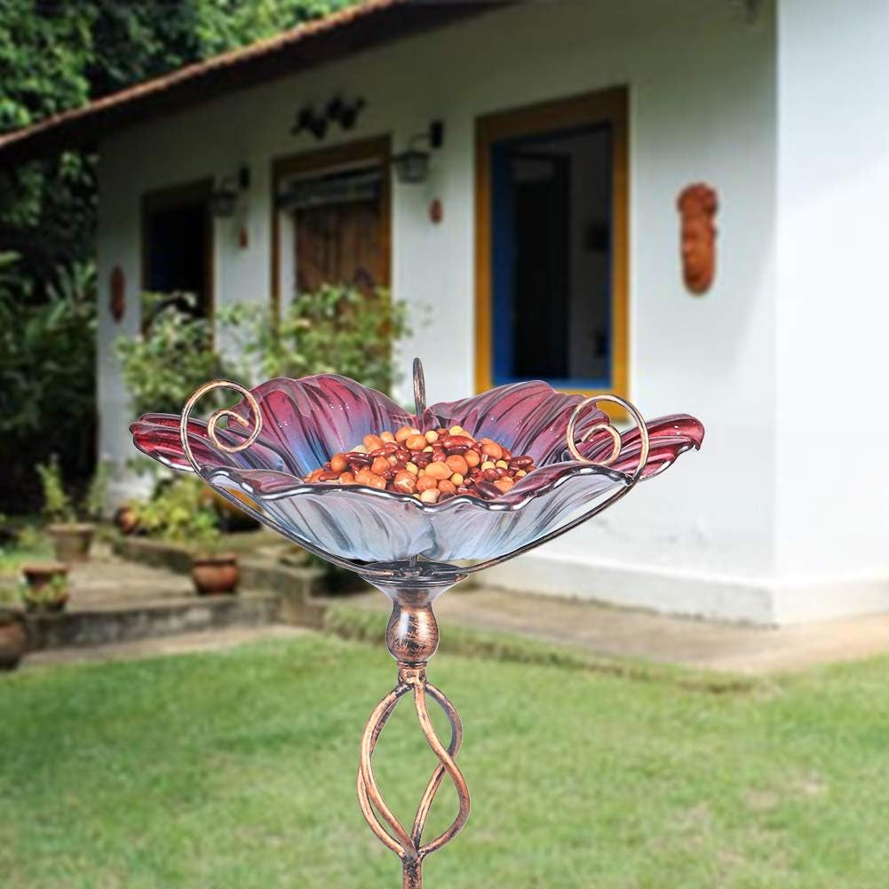 31-Inch Glass Birdbath and Birdfeeder with Metal Stake for Garden and Outdoor Use