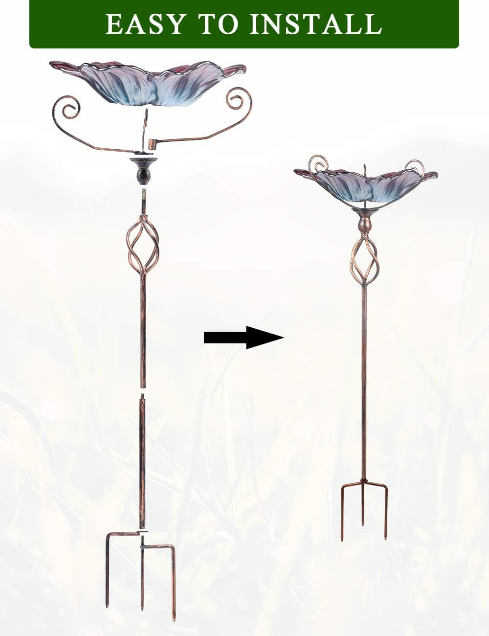 31-Inch Glass Birdbath and Birdfeeder with Metal Stake for Garden and Outdoor Use