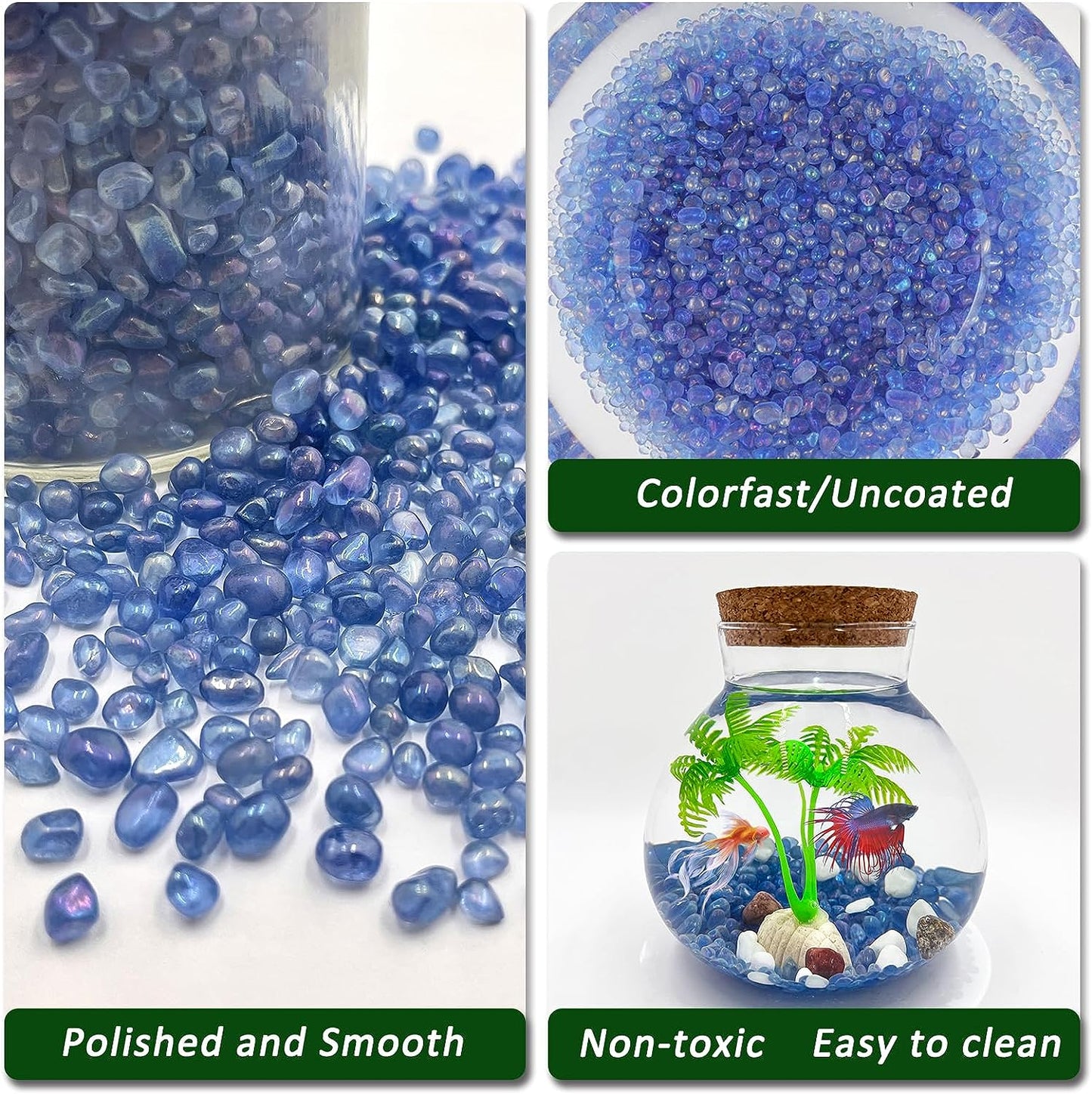 2.2 lbs Premium Small Aquarium Substrate Gravel - Polished Smooth Vibrant Blue Sea Glass for Fish Tanks, Decorative Stones, Fairy Gardens, and Potted Plants