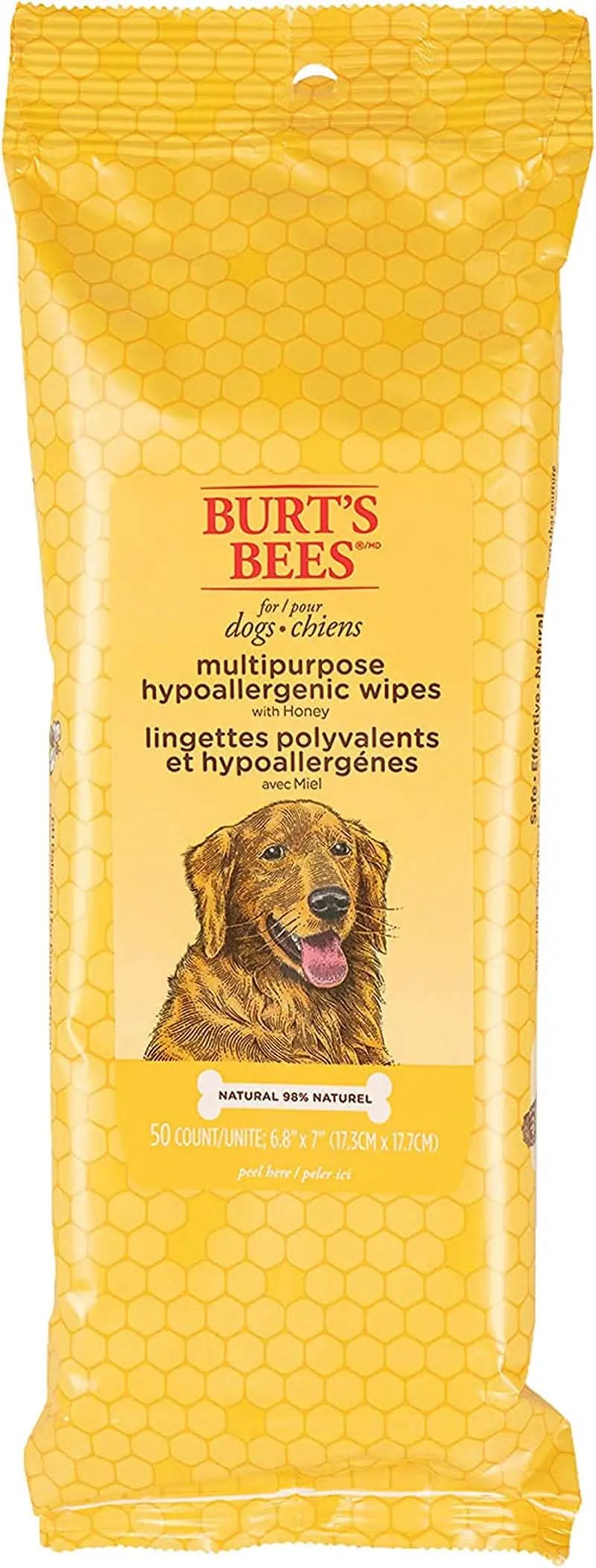 Multipurpose Hypoallergenic Dog Wipes with Honey, 98% Natural Ingredients, Canine Cleaning Sheets for Paws and Rear, 3-Pack, 50 Count