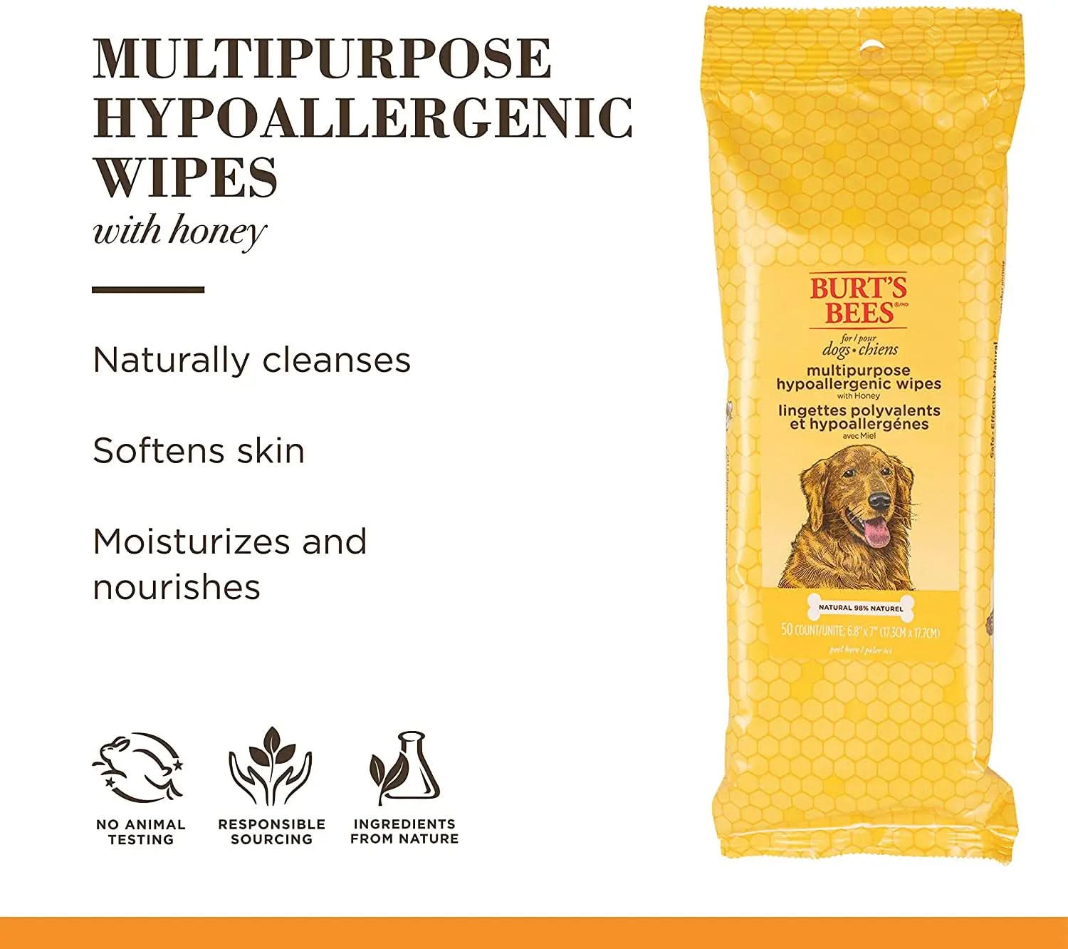 Multipurpose Hypoallergenic Dog Wipes with Honey, 98% Natural Ingredients, Canine Cleaning Sheets for Paws and Rear, 3-Pack, 50 Count