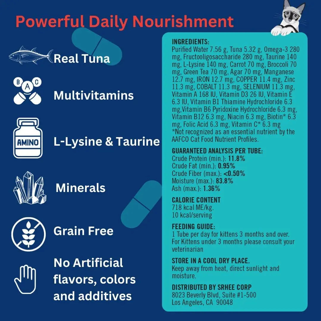 Lickable Cat Treats - Real Tuna Multivitamin Puree with Lysine & Taurine for Indoor Cats | Grain-Free Squeeze Tube (50 Count)