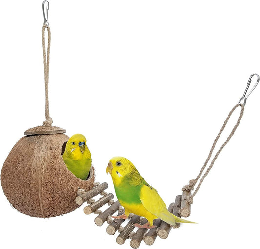 Natural Coconut Hideaway with Ladder for Birds and Small Animals