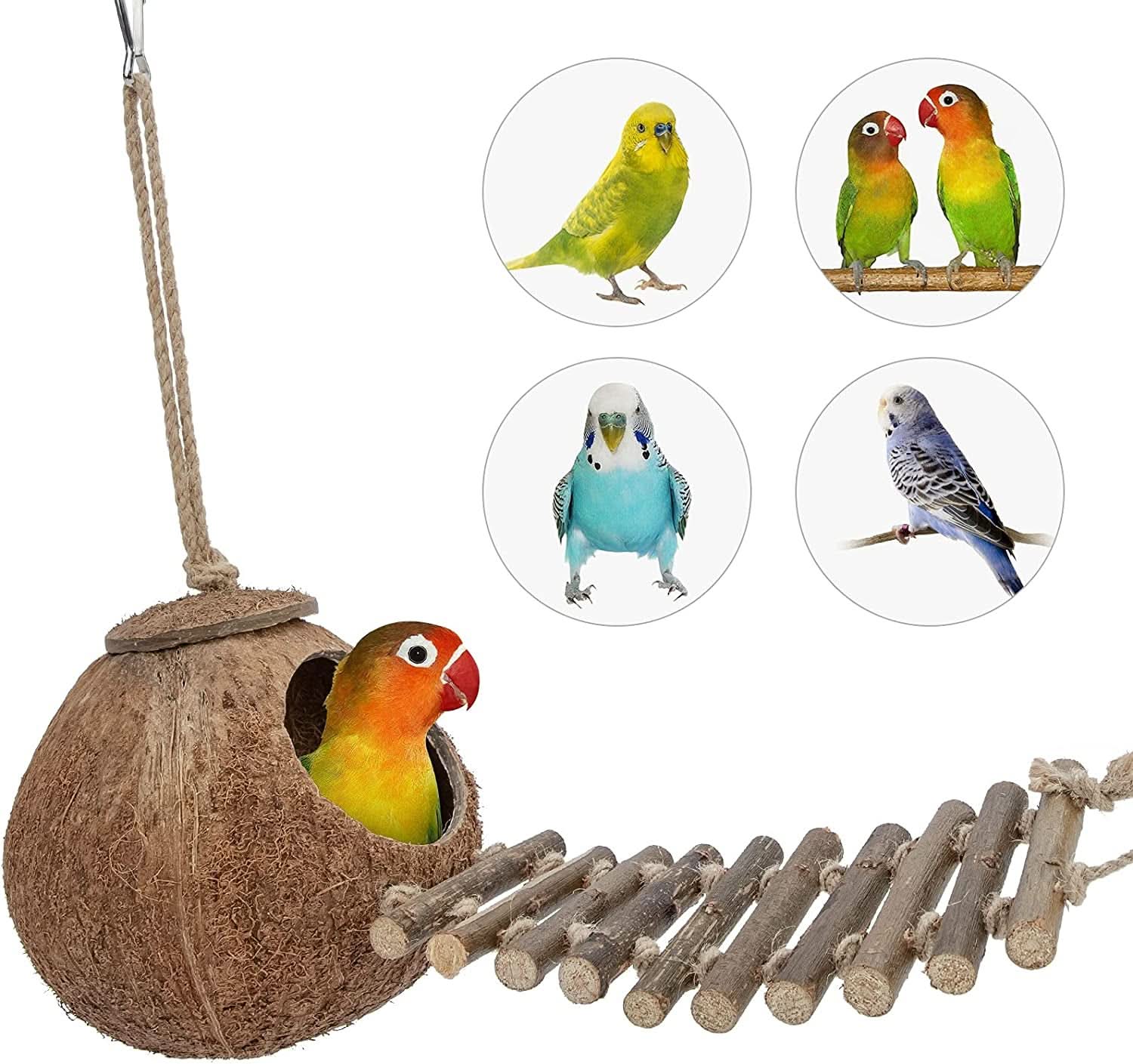 Natural Coconut Hideaway with Ladder for Birds and Small Animals