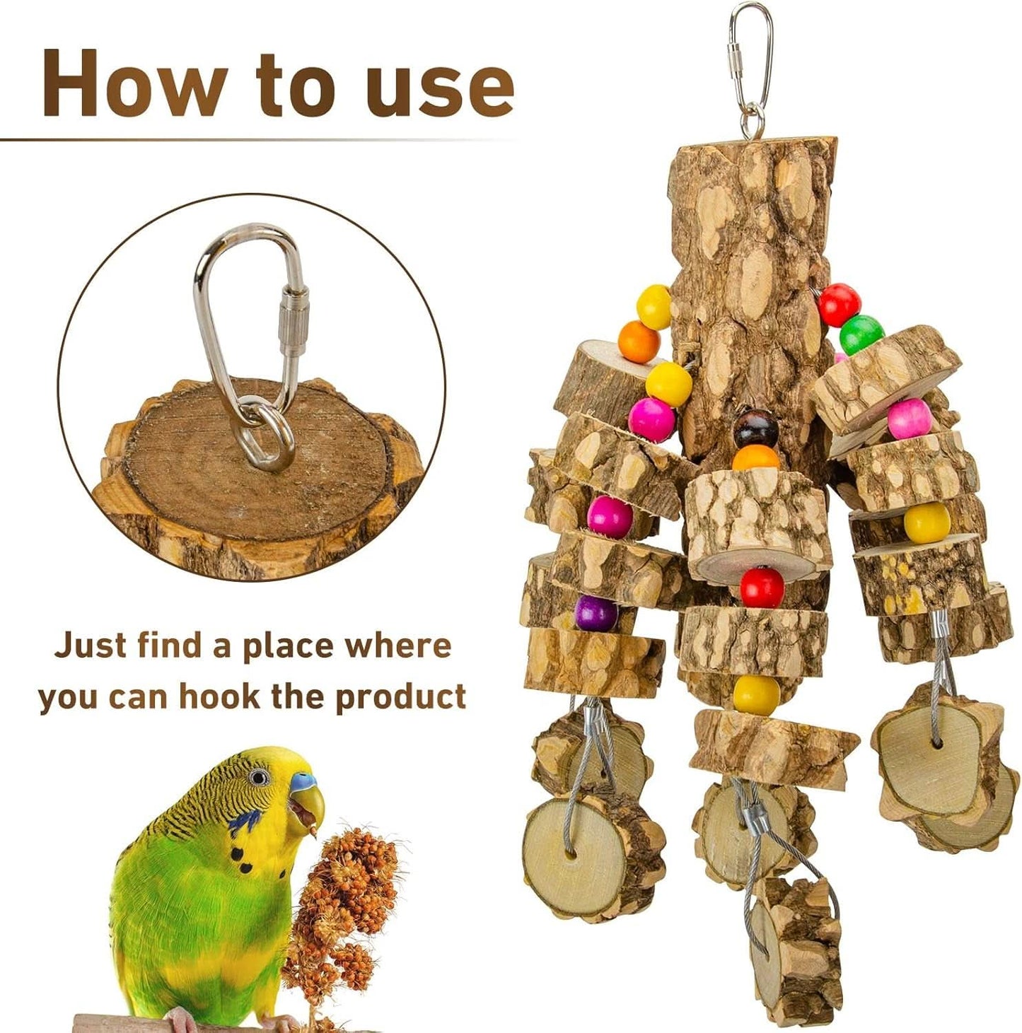 Natural Wood Parrot Chewing and Hanging Toys for Small and Medium Birds, Including Parakeets, Cockatoos, African Greys, and Cockatiels