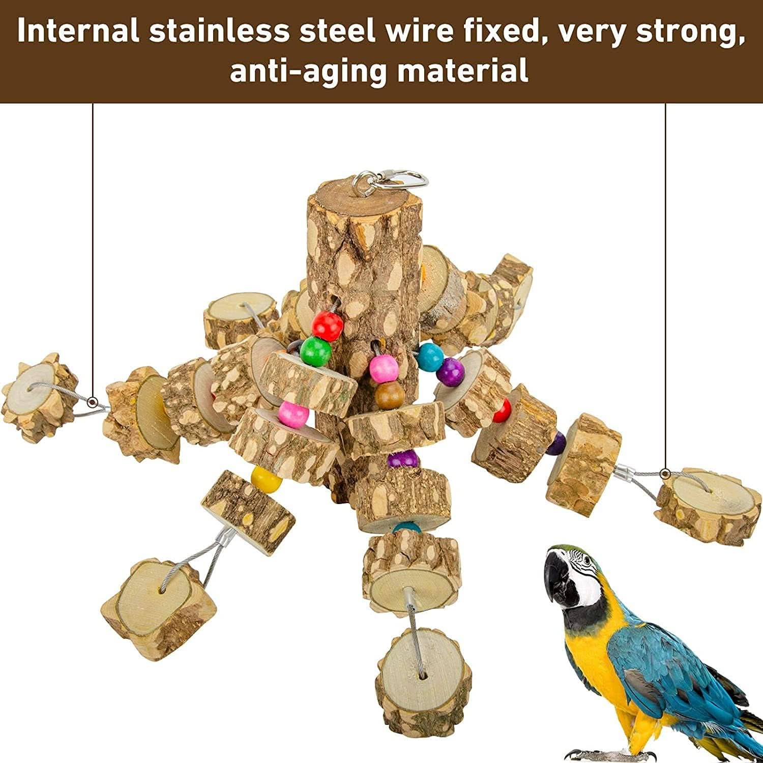 Natural Wood Parrot Chewing and Hanging Toys for Small and Medium Birds, Including Parakeets, Cockatoos, African Greys, and Cockatiels