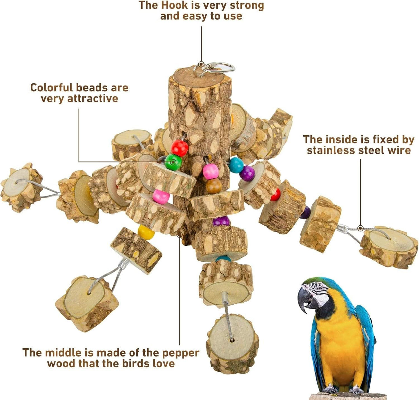 Natural Wood Parrot Chewing and Hanging Toys for Small and Medium Birds, Including Parakeets, Cockatoos, African Greys, and Cockatiels