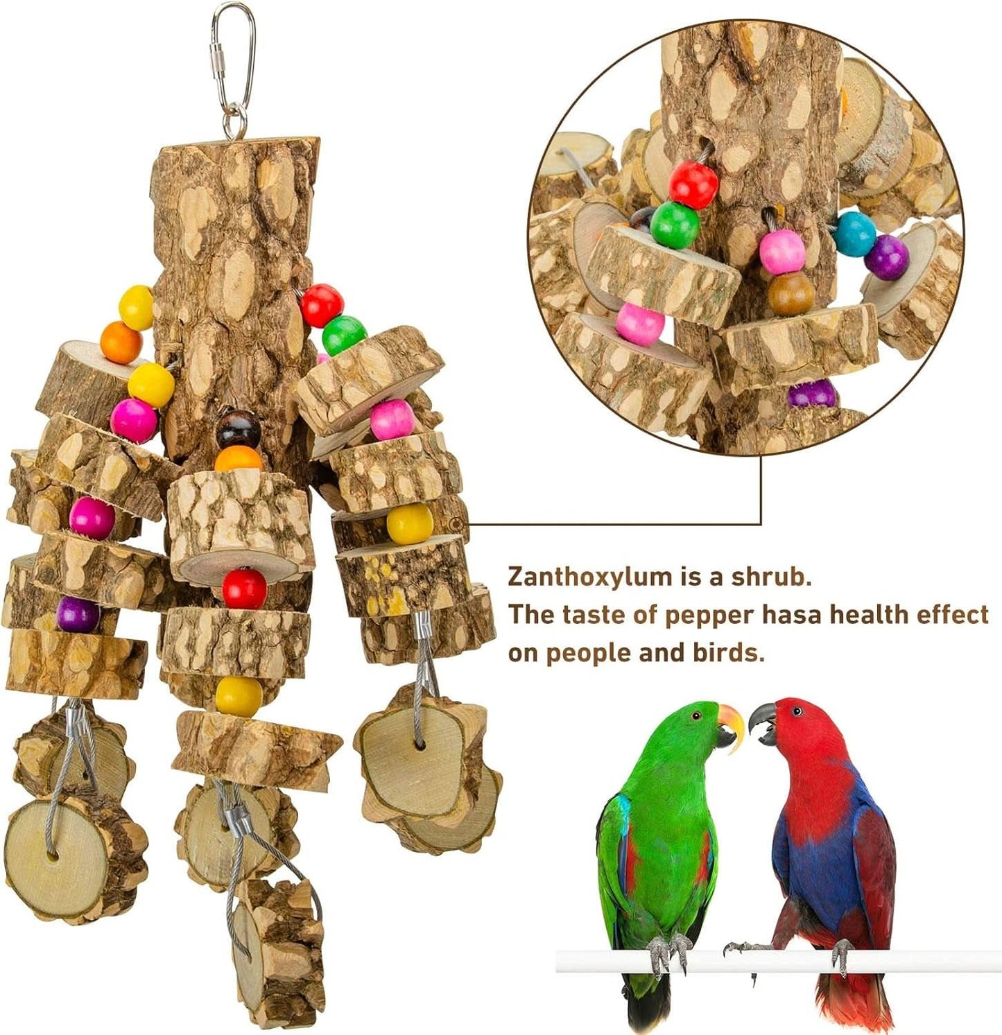 Natural Wood Parrot Chewing and Hanging Toys for Small and Medium Birds, Including Parakeets, Cockatoos, African Greys, and Cockatiels