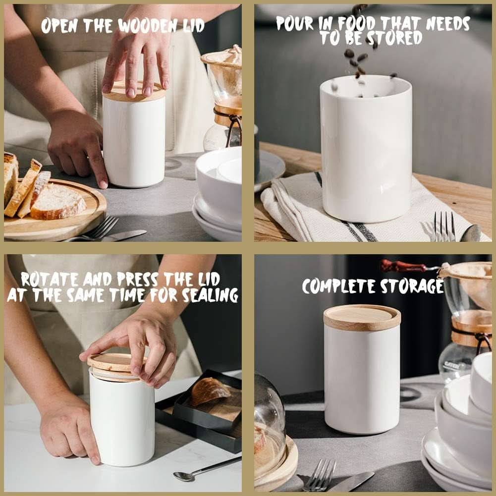 Ceramic Kitchen Canisters with Airtight Wooden Lid - Stackable Food Storage Jars for Coffee Beans, Flour, Tea, Cookies, and More - 58 Fl Oz (Navy)