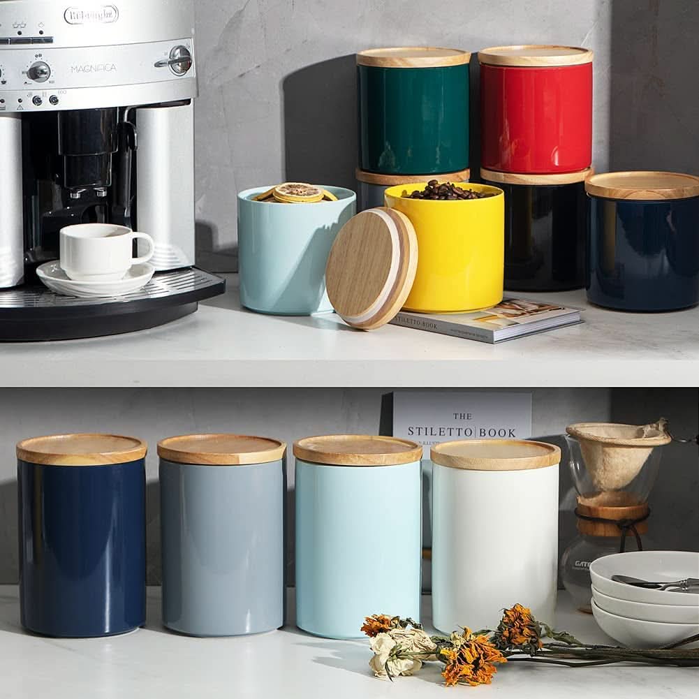 Ceramic Kitchen Canisters with Airtight Wooden Lid - Stackable Food Storage Jars for Coffee Beans, Flour, Tea, Cookies, and More - 58 Fl Oz (Navy)