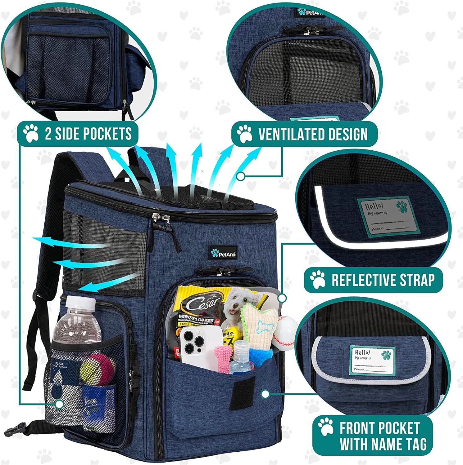 Airline Approved Dog and Cat Backpack Carrier, Ventilated Soft-Sided Pet Carrier for Travel, Hiking, and Camping, Suitable for Pets Up to 18 lbs, Navy