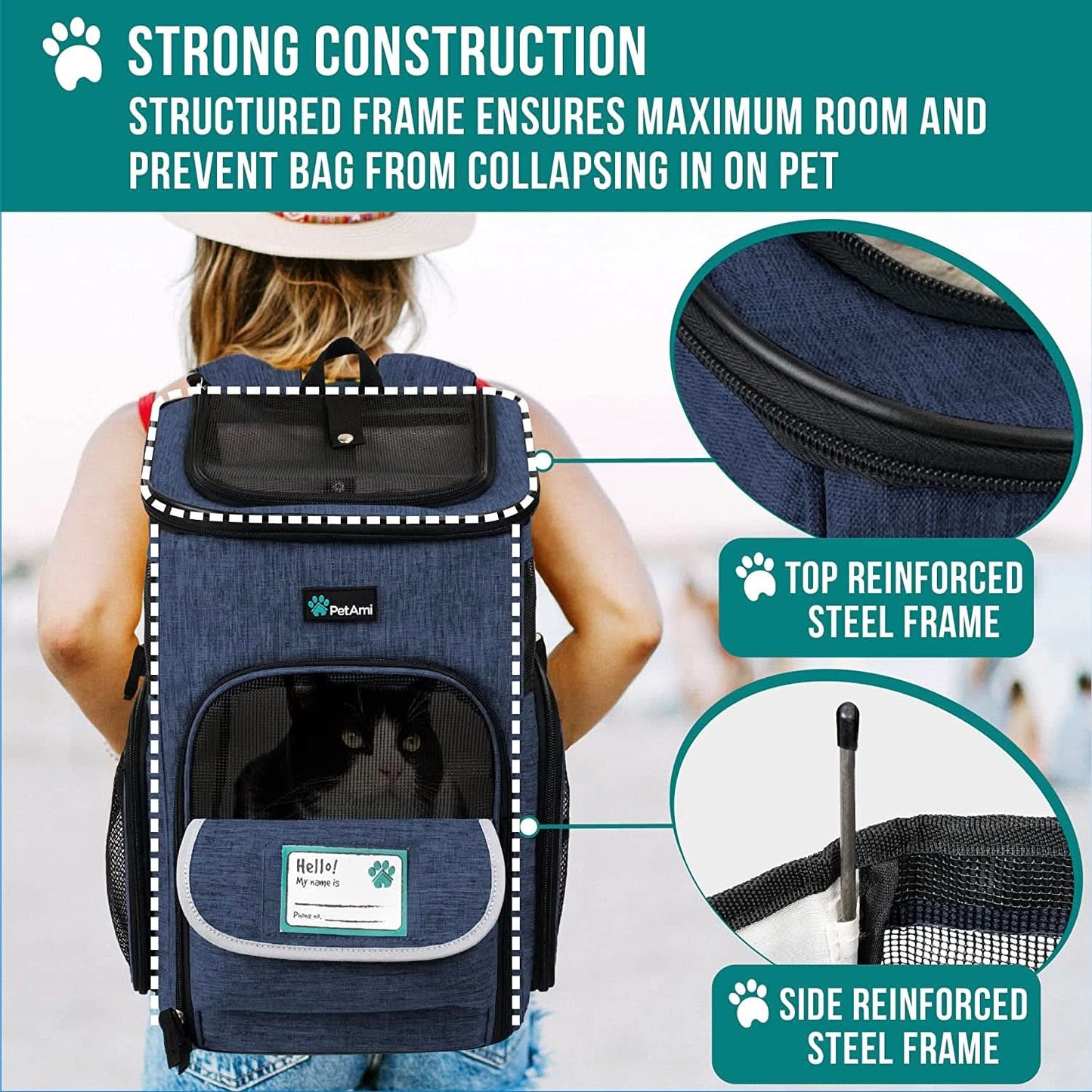 Airline Approved Dog and Cat Backpack Carrier, Ventilated Soft-Sided Pet Carrier for Travel, Hiking, and Camping, Suitable for Pets Up to 18 lbs, Navy