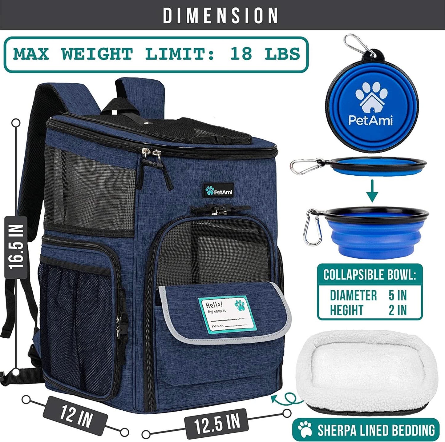 Airline Approved Dog and Cat Backpack Carrier, Ventilated Soft-Sided Pet Carrier for Travel, Hiking, and Camping, Suitable for Pets Up to 18 lbs, Navy