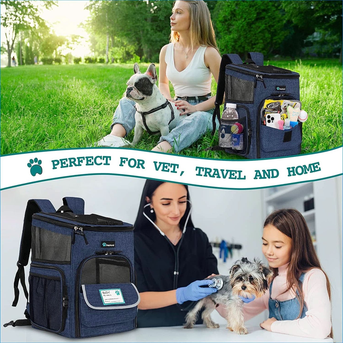 Airline Approved Dog and Cat Backpack Carrier, Ventilated Soft-Sided Pet Carrier for Travel, Hiking, and Camping, Suitable for Pets Up to 18 lbs, Navy