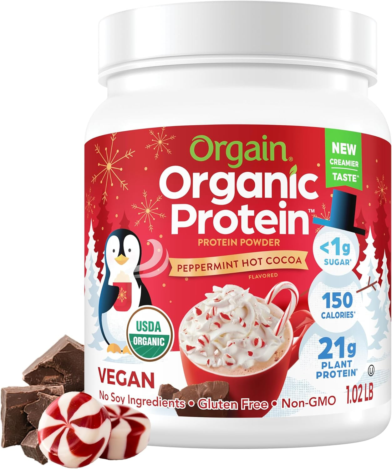 Organic Vegan Protein Powder - Peppermint Hot Cocoa Holiday Flavor, 21g Plant Protein, 5g Prebiotic Fiber, Lactose-Free, No Added Sugar, Non-GMO, Ideal for Shakes & Smoothies, 1.02 lb