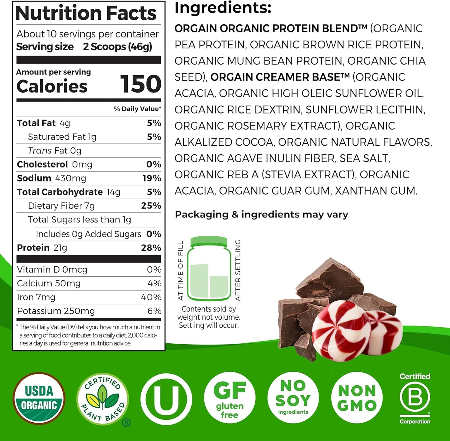 Organic Vegan Protein Powder - Peppermint Hot Cocoa Holiday Flavor, 21g Plant Protein, 5g Prebiotic Fiber, Lactose-Free, No Added Sugar, Non-GMO, Ideal for Shakes & Smoothies, 1.02 lb