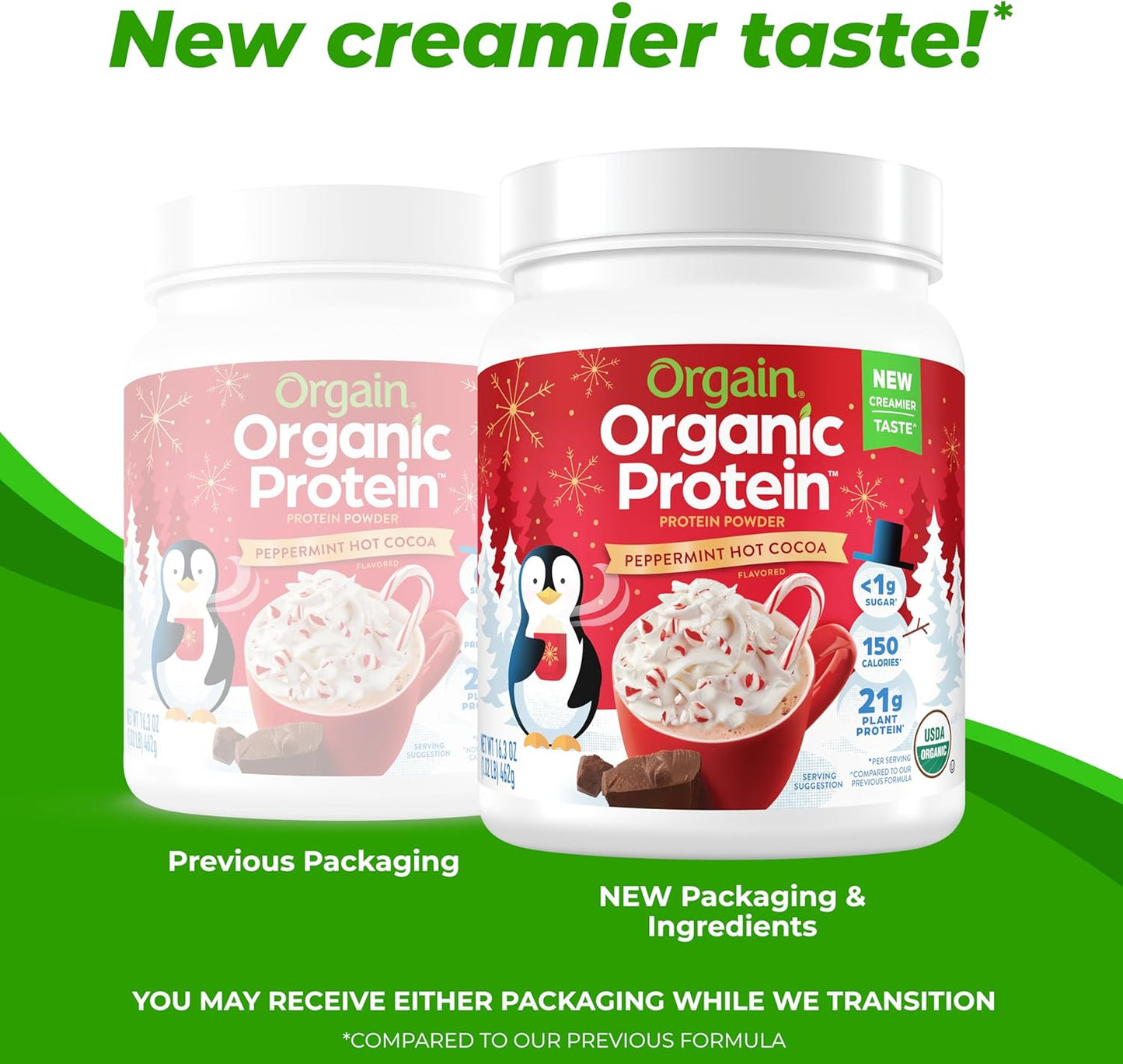 Organic Vegan Protein Powder - Peppermint Hot Cocoa Holiday Flavor, 21g Plant Protein, 5g Prebiotic Fiber, Lactose-Free, No Added Sugar, Non-GMO, Ideal for Shakes & Smoothies, 1.02 lb