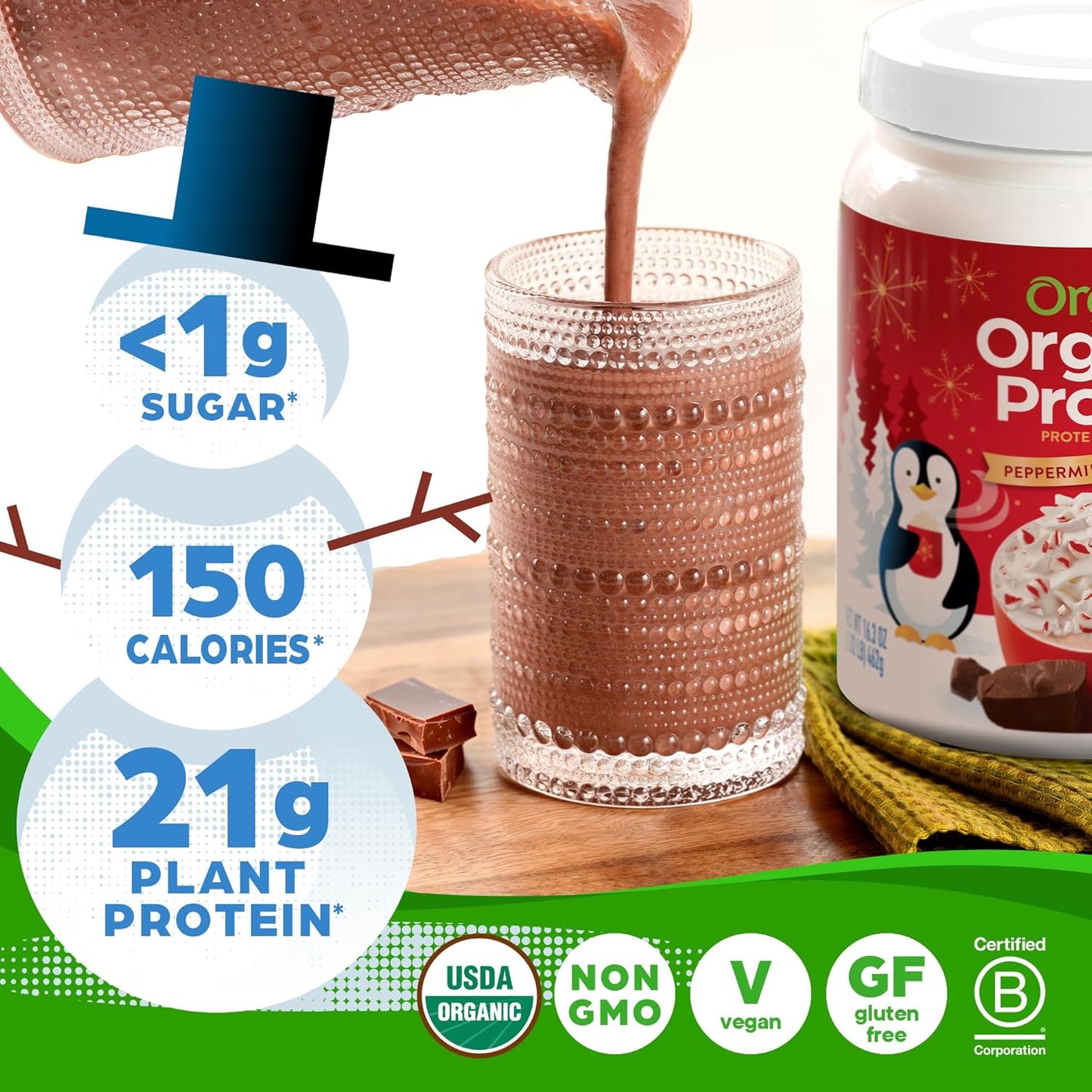 Organic Vegan Protein Powder - Peppermint Hot Cocoa Holiday Flavor, 21g Plant Protein, 5g Prebiotic Fiber, Lactose-Free, No Added Sugar, Non-GMO, Ideal for Shakes & Smoothies, 1.02 lb
