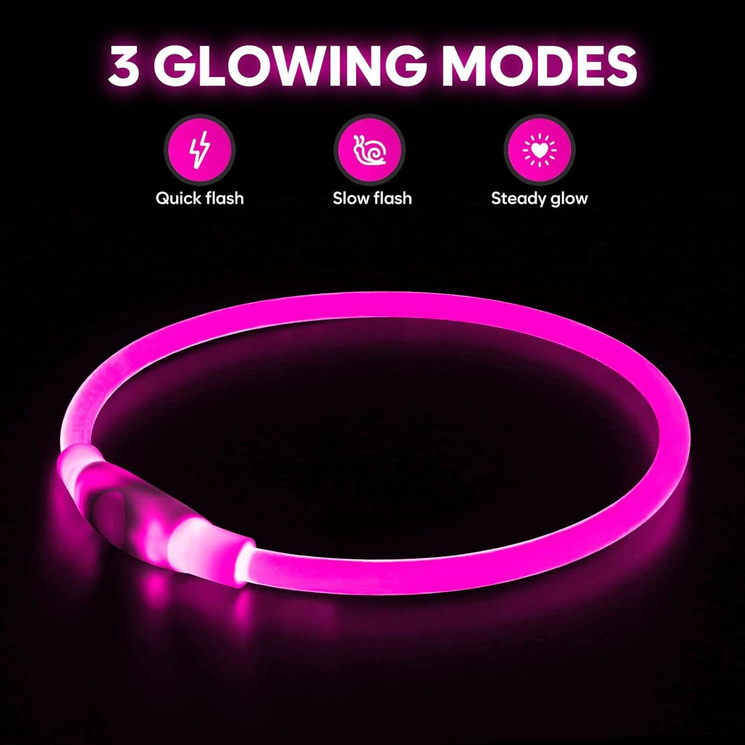 USB Rechargeable LED Dog Collar - Waterproof Glow-in-the-Dark Necklace for Nighttime Walks (Pink)