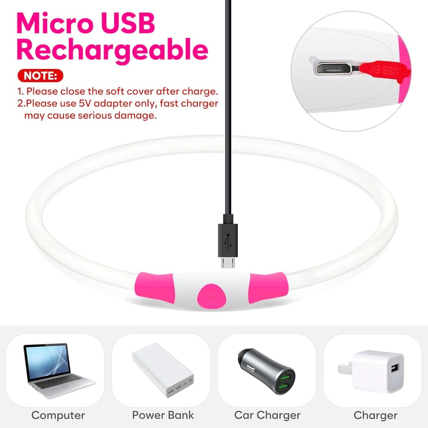 USB Rechargeable LED Dog Collar - Waterproof Glow-in-the-Dark Necklace for Nighttime Walks (Pink)