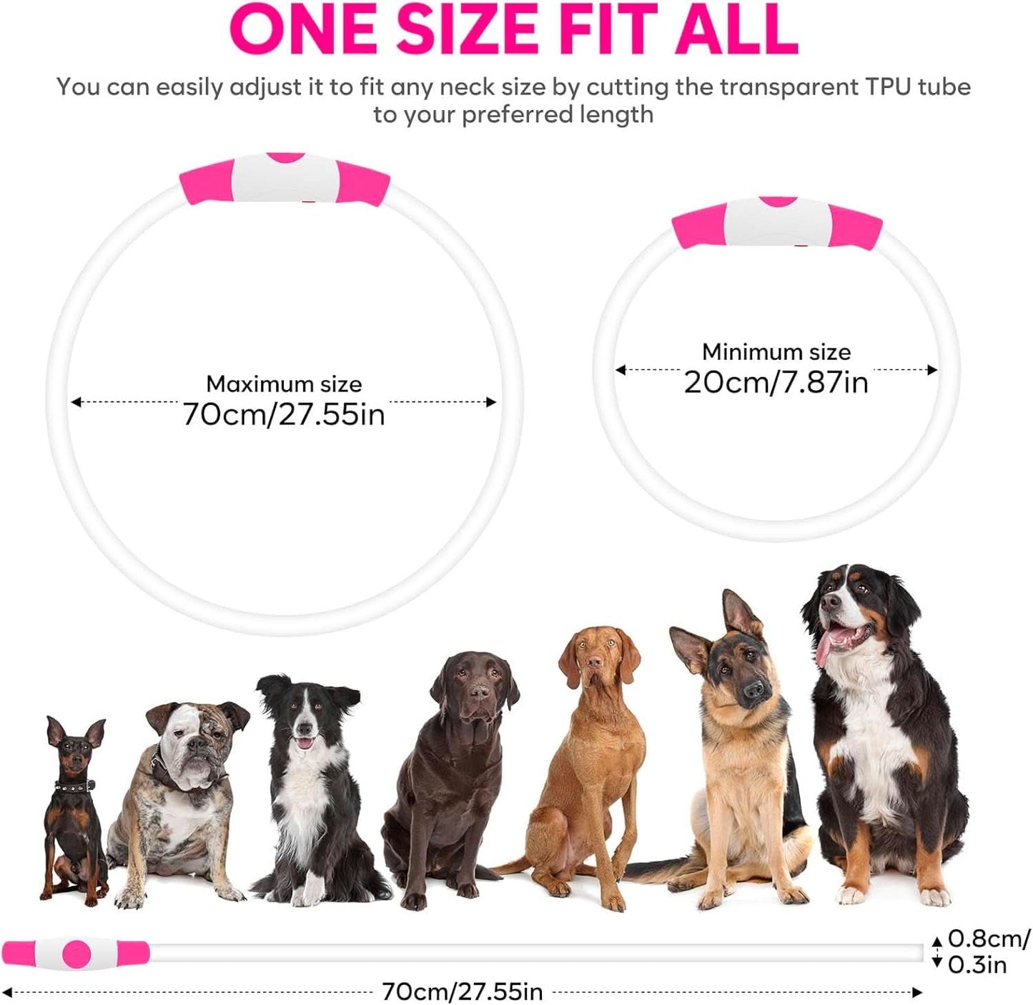 USB Rechargeable LED Dog Collar - Waterproof Glow-in-the-Dark Necklace for Nighttime Walks (Pink)
