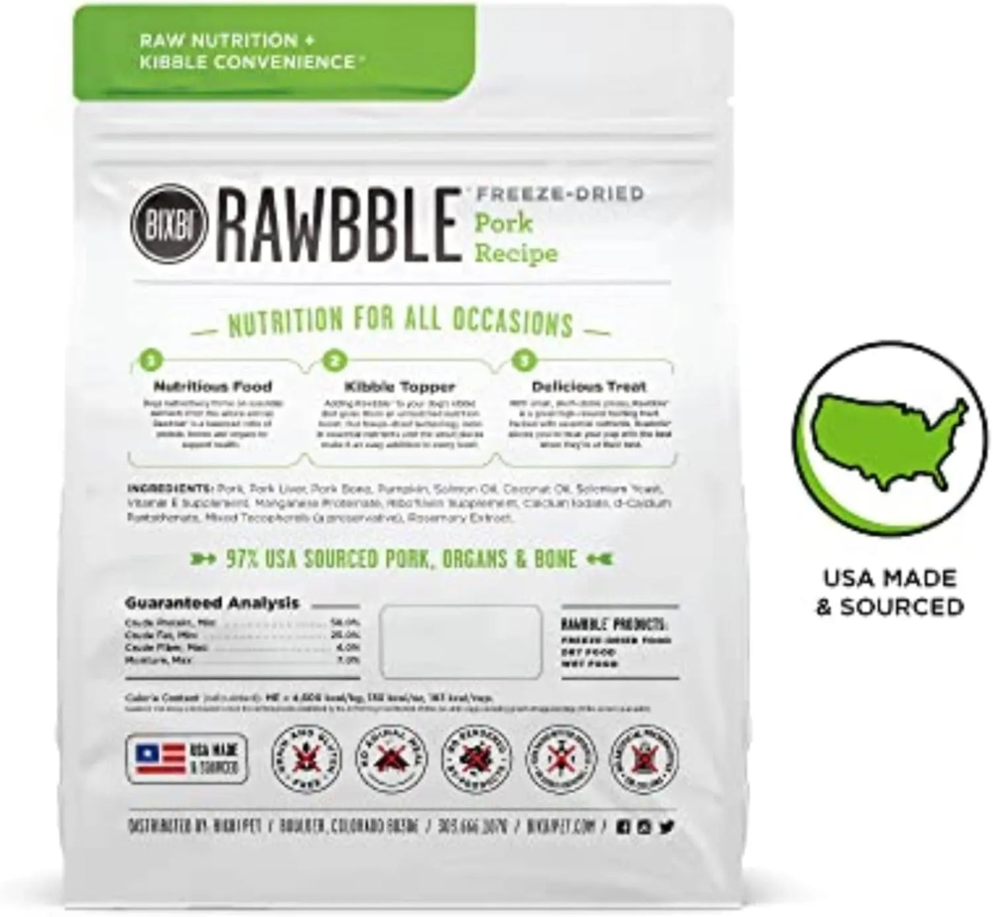Rawbble Freeze-Dried Pork Recipe Dog Food, 12 Oz - 97% Meat and Organs, No Fillers - Versatile Raw Dog Food for Meals, Treats, or Food Toppers - Made in the USA in Small Batches