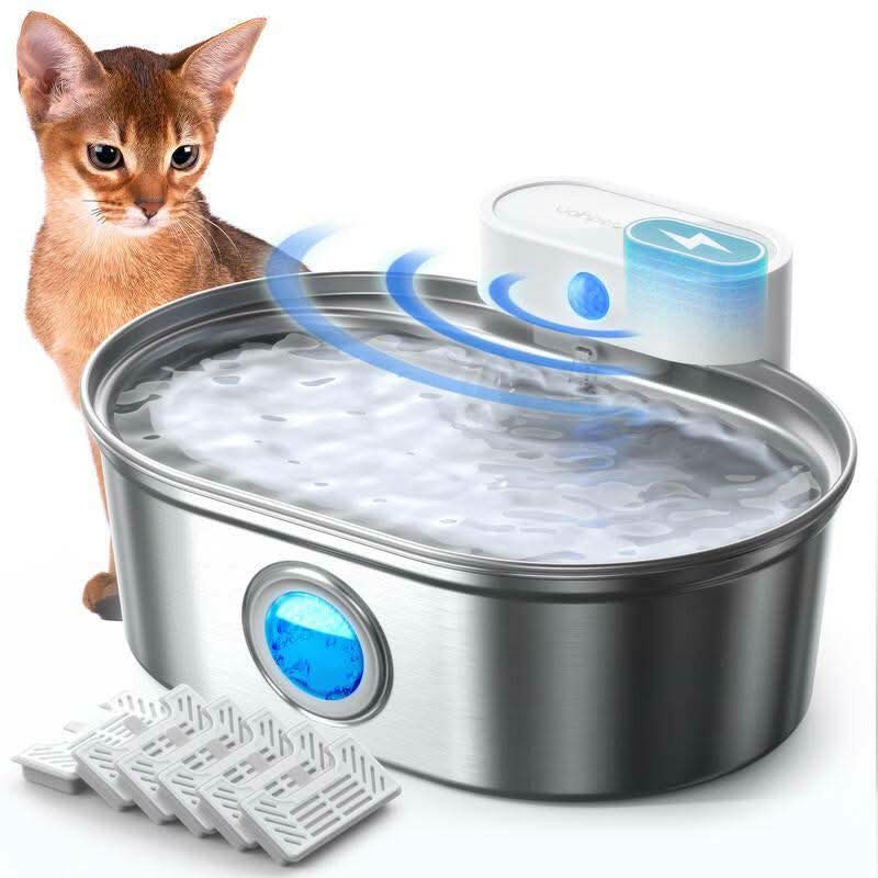 Uahpet Stainless Steel Wireless Cat Water Fountain Pro, Cordless Battery-Operated Pet Water Dispenser for Dog Rabbit, Easy to Clean 67Oz/2L