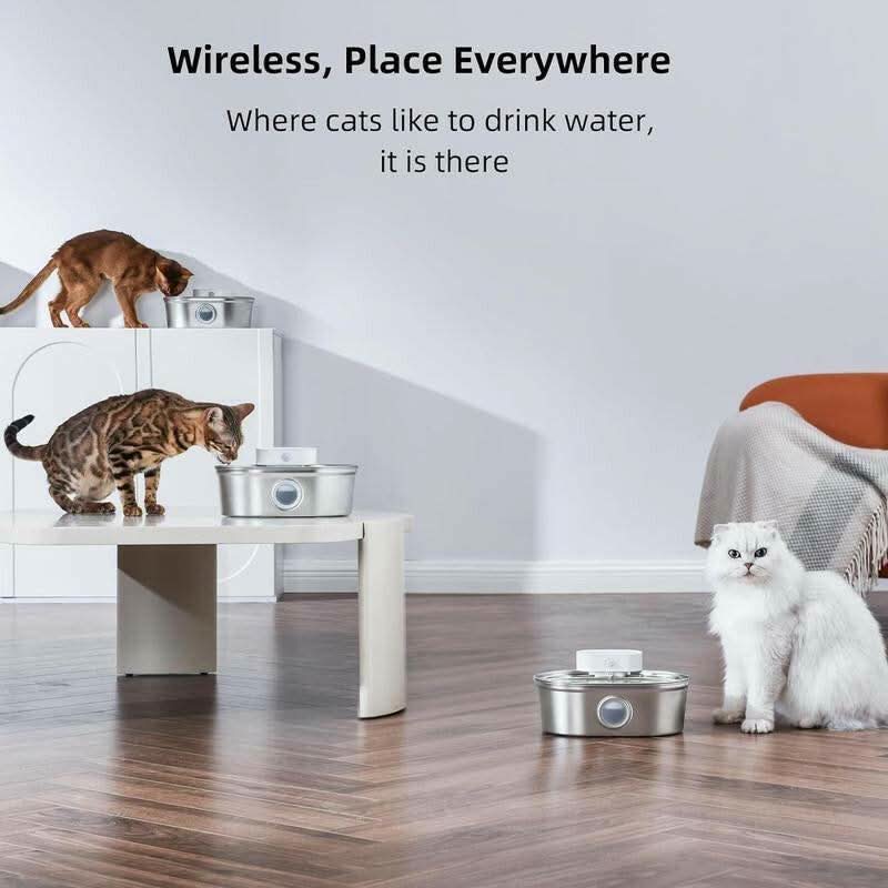 Uahpet Stainless Steel Wireless Cat Water Fountain Pro, Cordless Battery-Operated Pet Water Dispenser for Dog Rabbit, Easy to Clean 67Oz/2L