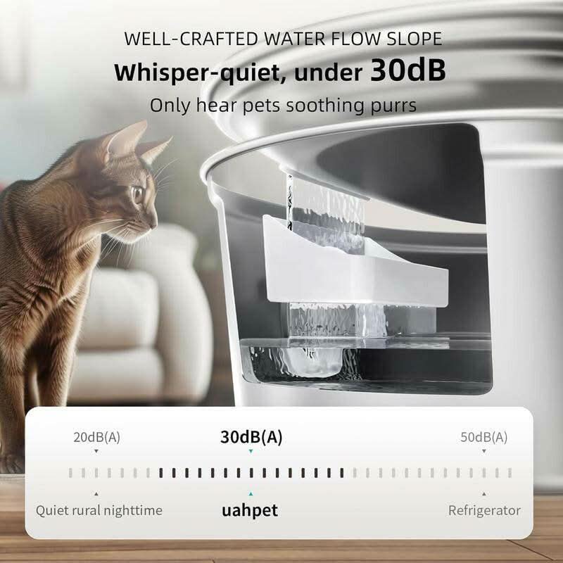 Uahpet Stainless Steel Wireless Cat Water Fountain Pro, Cordless Battery-Operated Pet Water Dispenser for Dog Rabbit, Easy to Clean 67Oz/2L