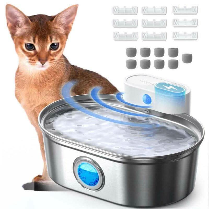 Uahpet Stainless Steel Wireless Cat Water Fountain Pro, Cordless Battery-Operated Pet Water Dispenser for Dog Rabbit, Easy to Clean 67Oz/2L