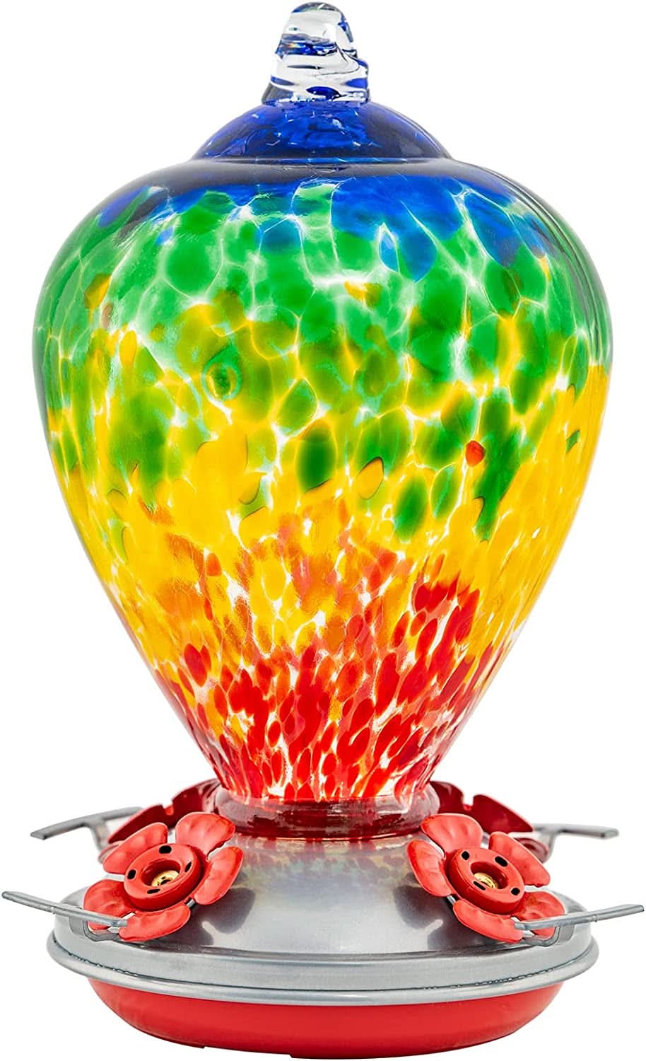 Hand-Blown Glass Hummingbird Feeder, 34 oz with Ant Moat Hooks - Ideal for Outdoor Garden and Patio Decor (Rainbow)