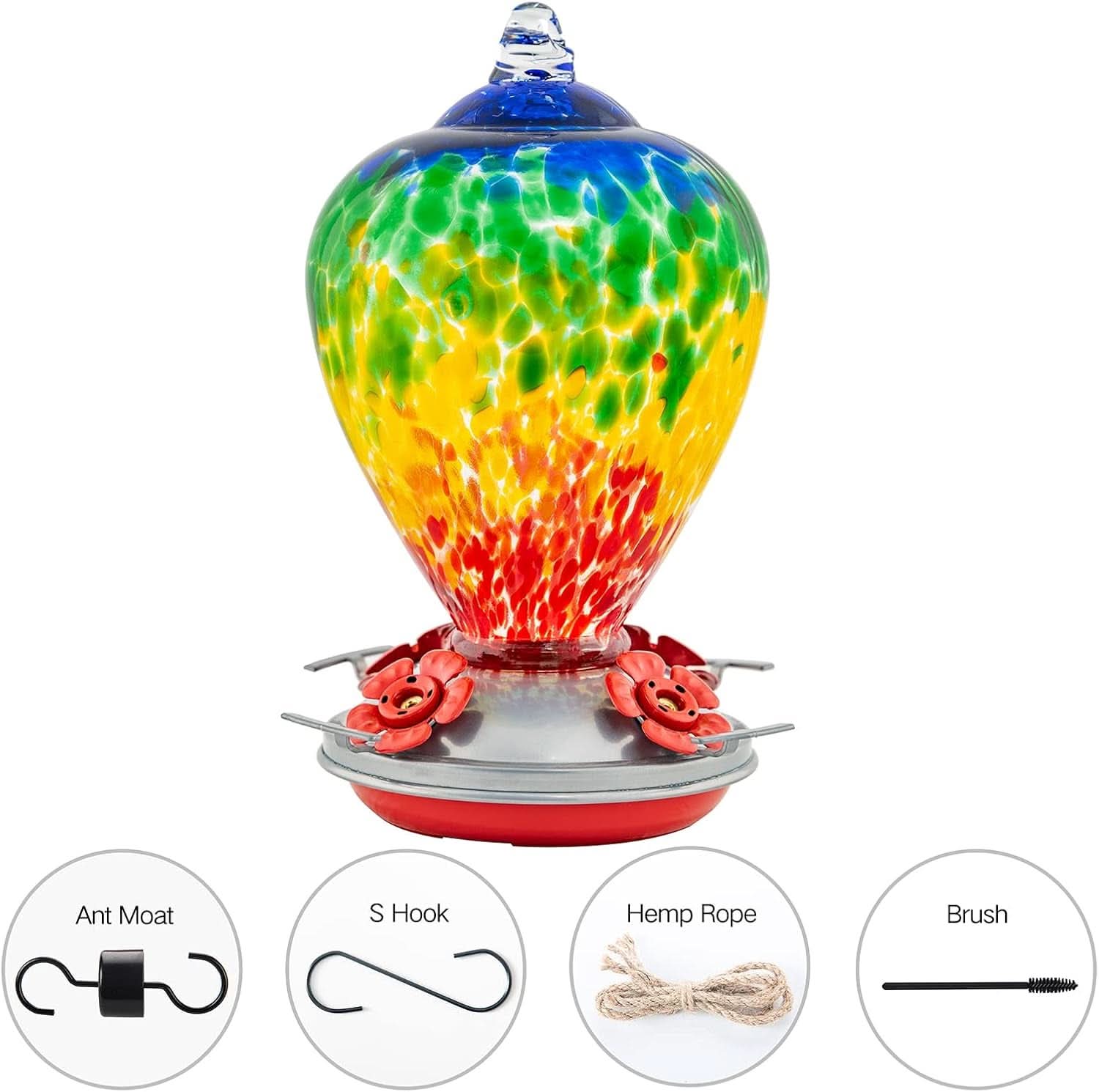 Hand-Blown Glass Hummingbird Feeder, 34 oz with Ant Moat Hooks - Ideal for Outdoor Garden and Patio Decor (Rainbow)