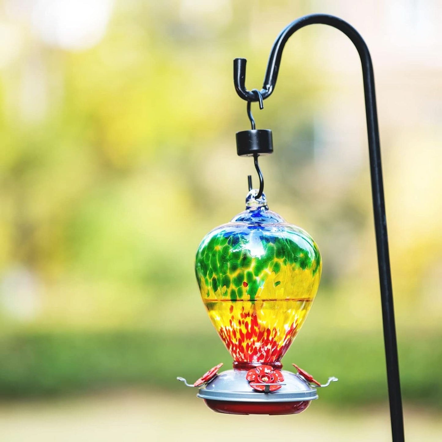 Hand-Blown Glass Hummingbird Feeder, 34 oz with Ant Moat Hooks - Ideal for Outdoor Garden and Patio Decor (Rainbow)