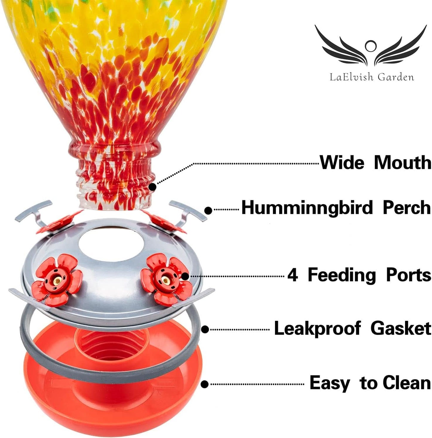 Hand-Blown Glass Hummingbird Feeder, 34 oz with Ant Moat Hooks - Ideal for Outdoor Garden and Patio Decor (Rainbow)