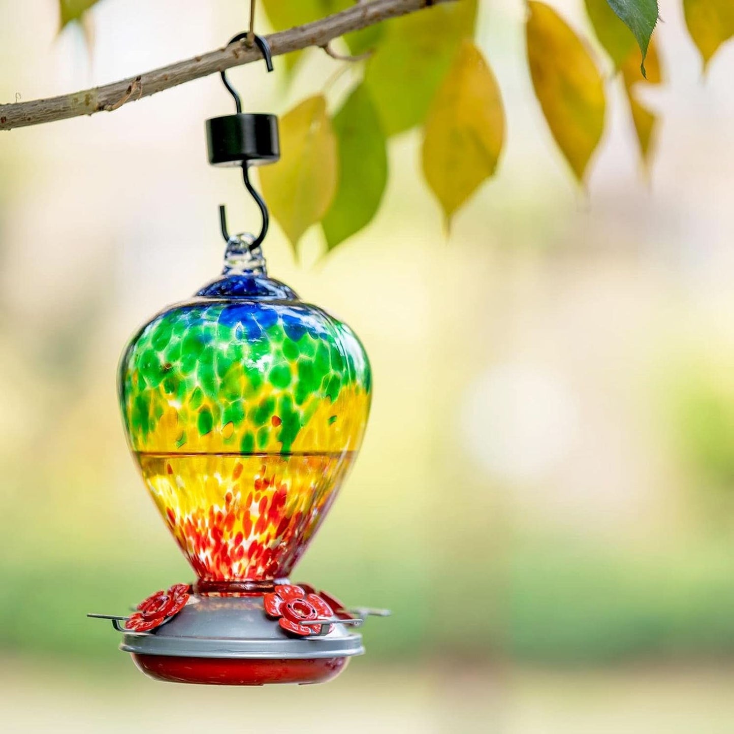 Hand-Blown Glass Hummingbird Feeder, 34 oz with Ant Moat Hooks - Ideal for Outdoor Garden and Patio Decor (Rainbow)