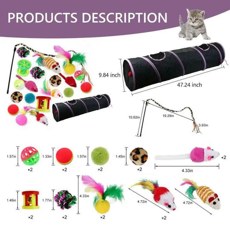 Cat Toys 21Pcs Kitten Toy Set Tunnel Interactive Black Straight through Cat Toy Set with Fluffy Mouse for Cats