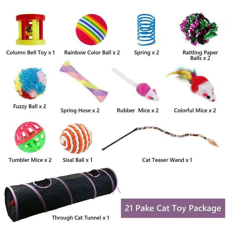 Cat Toys 21Pcs Kitten Toy Set Tunnel Interactive Black Straight through Cat Toy Set with Fluffy Mouse for Cats