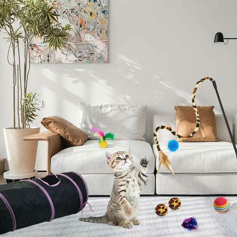 Cat Toys 21Pcs Kitten Toy Set Tunnel Interactive Black Straight through Cat Toy Set with Fluffy Mouse for Cats