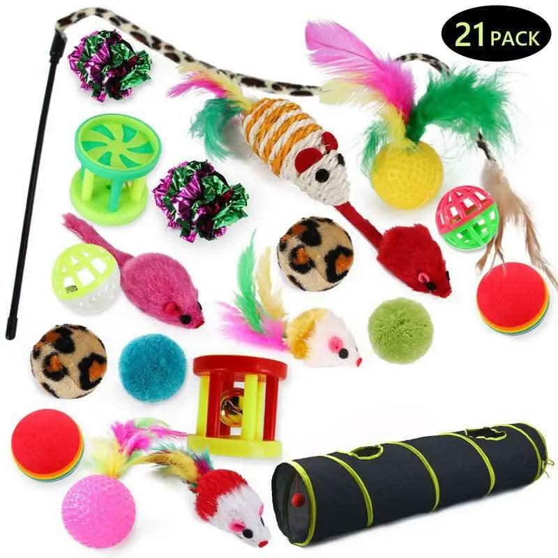 Cat Toys 21Pcs Kitten Toy Set Tunnel Interactive Black Straight through Cat Toy Set with Fluffy Mouse for Cats