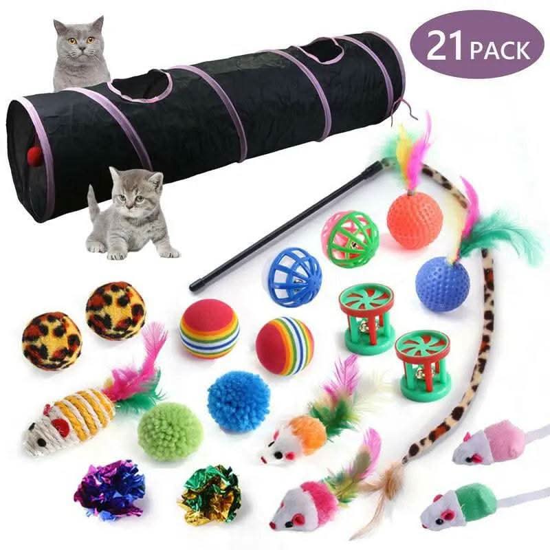 Cat Toys 21Pcs Kitten Toy Set Tunnel Interactive Black Straight through Cat Toy Set with Fluffy Mouse for Cats