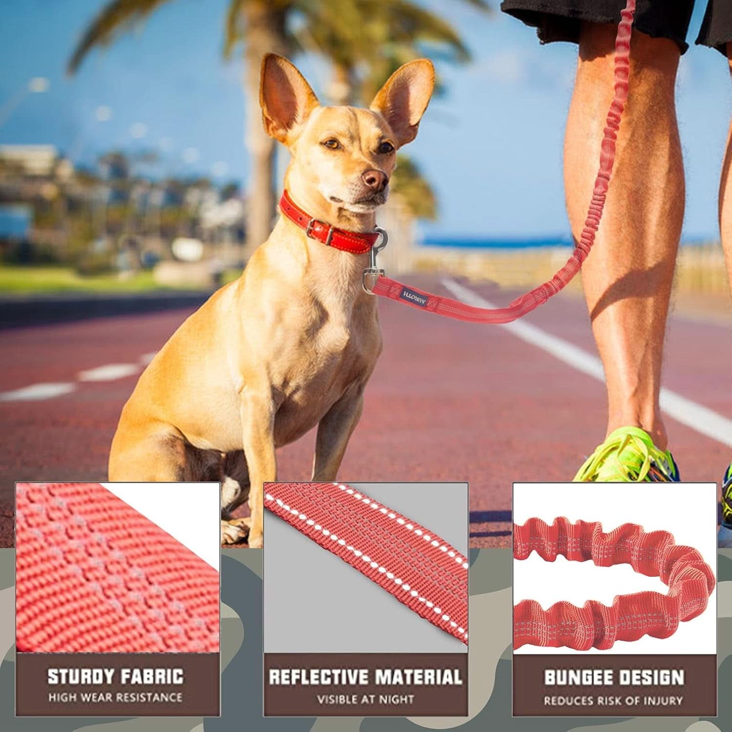 Premium Heavy-Duty Bungee Dog Leash for Large Breeds, Shock Absorbing No-Pull Design with Car Seat Belt, Dual Padded Handles, Available in 4.5ft and 6ft Lengths, Red