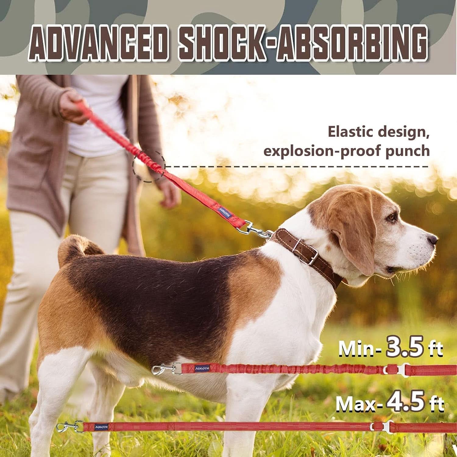 Premium Heavy-Duty Bungee Dog Leash for Large Breeds, Shock Absorbing No-Pull Design with Car Seat Belt, Dual Padded Handles, Available in 4.5ft and 6ft Lengths, Red