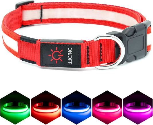 Adjustable LED Dog Collar - USB Rechargeable, Super Bright Safety Light for Enhanced Visibility (Small, Red)