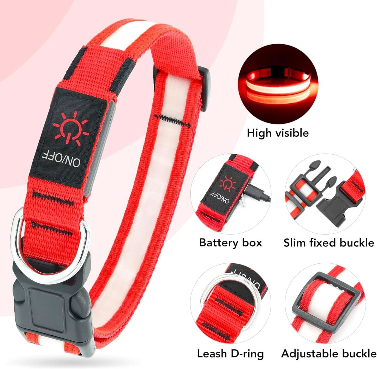 Adjustable LED Dog Collar - USB Rechargeable, Super Bright Safety Light for Enhanced Visibility (Small, Red)