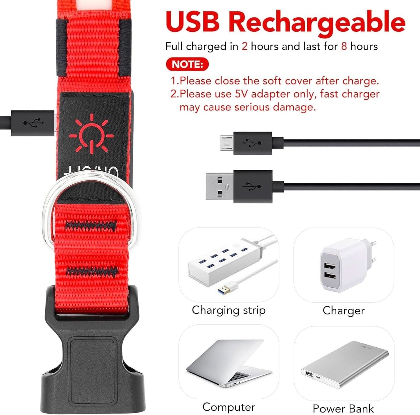 Adjustable LED Dog Collar - USB Rechargeable, Super Bright Safety Light for Enhanced Visibility (Small, Red)