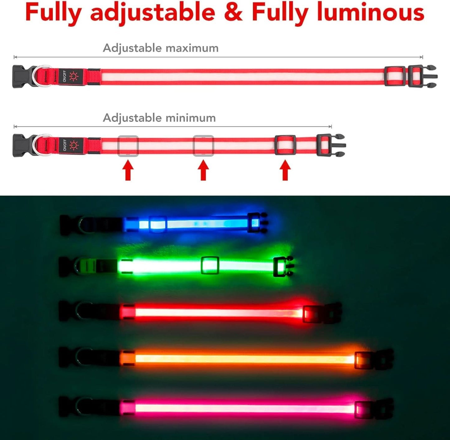 Adjustable LED Dog Collar - USB Rechargeable, Super Bright Safety Light for Enhanced Visibility (Small, Red)