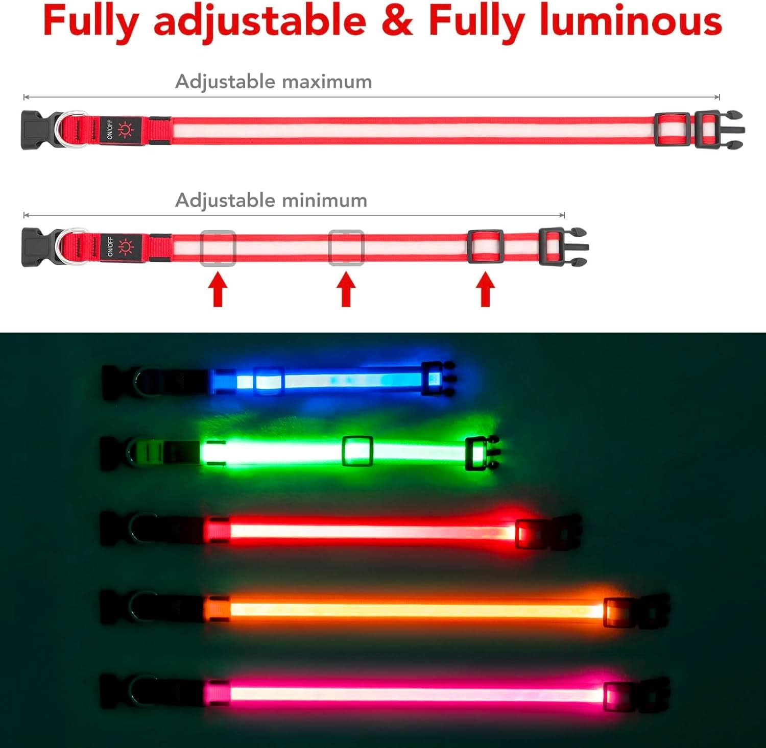Adjustable LED Dog Collar - USB Rechargeable, Super Bright Safety Light for Enhanced Visibility (Small, Red)