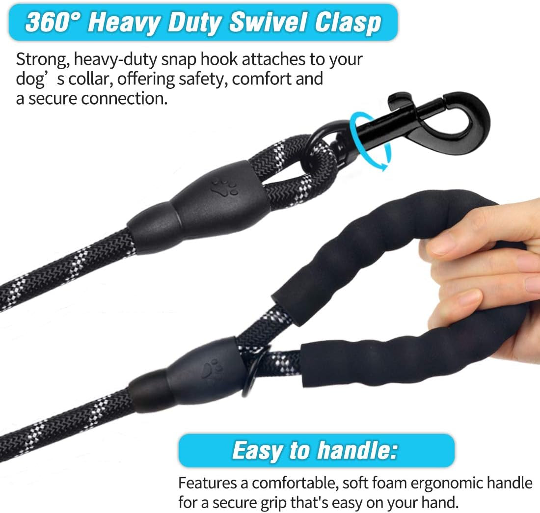Premium Dog Leash - Thick Nylon Rope (2FT/5FT/6FT) with Padded Handle, Reflective Features, Includes Collapsible Pet Bowl & Waste Bags (Blue, 1/3" X 5 FT)