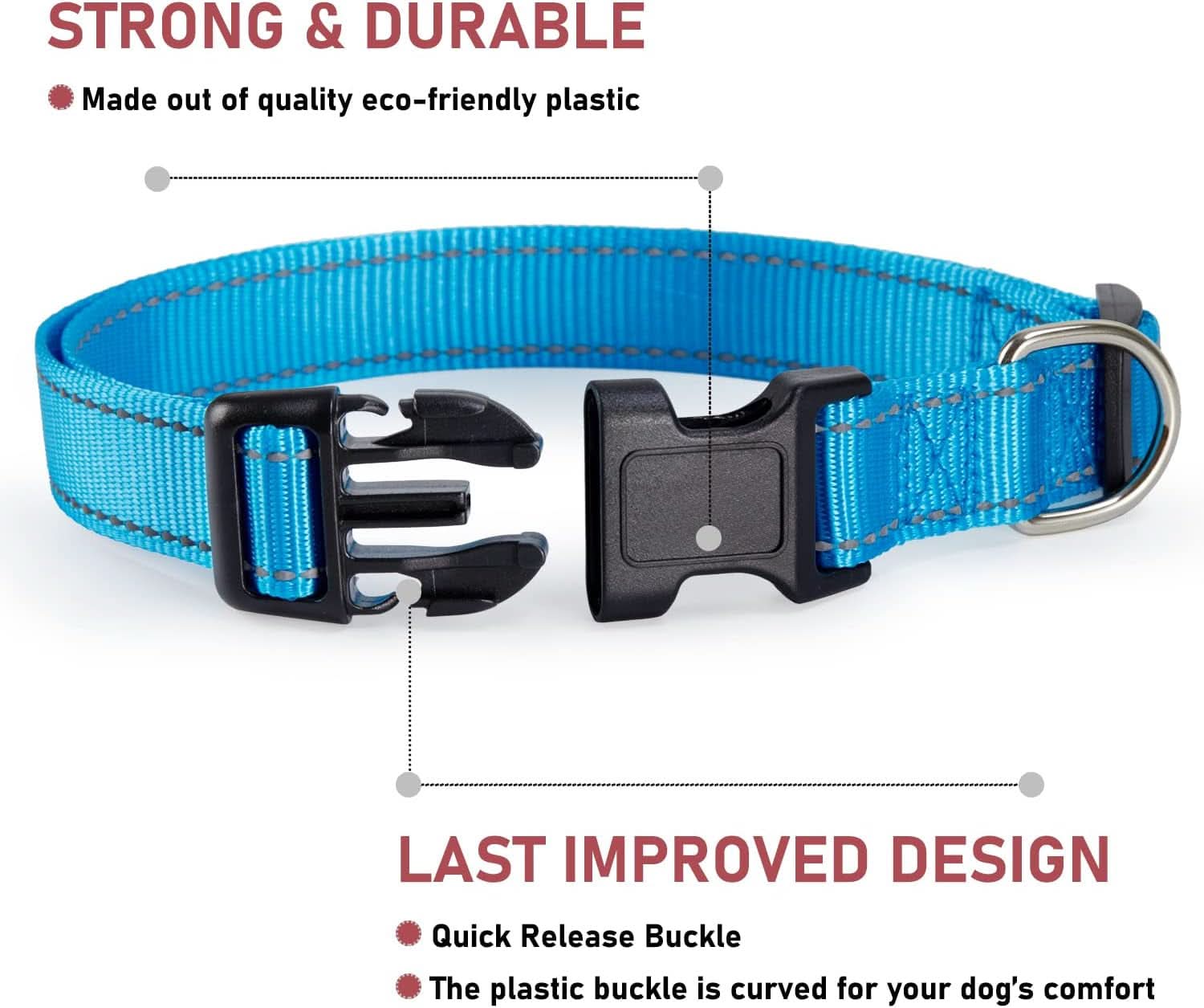 Adjustable Reflective Nylon Dog Collar with Buckle for Small, Medium, and Large Dogs - Blue, XL Size
