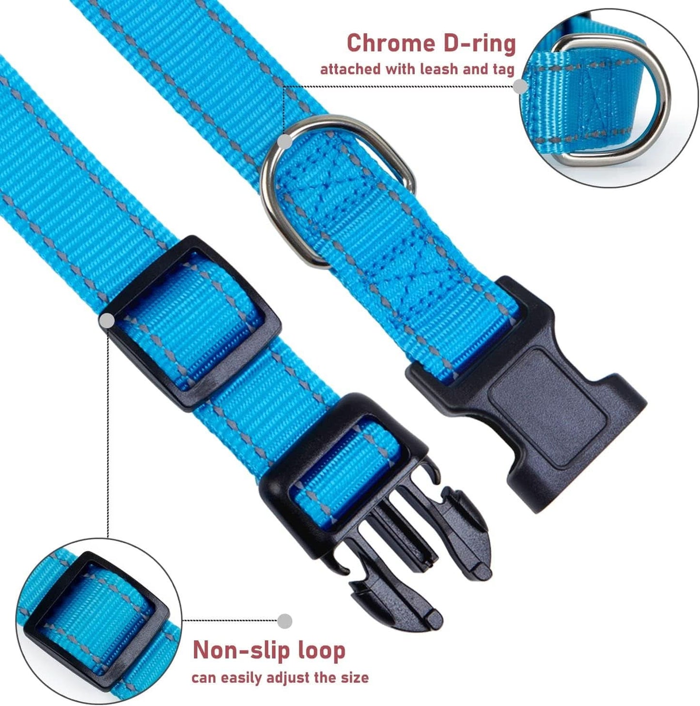 Adjustable Reflective Nylon Dog Collar with Buckle for Small, Medium, and Large Dogs - Blue, XL Size